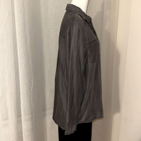 beachlunchlounge L Lyocell Gray Black Embroidered Button Down Casual Shirt - Picture 9 of 14